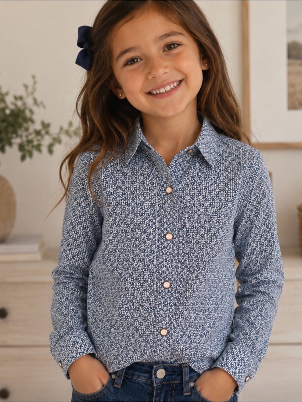 Cruel Girl Navy & White Printed Button-Down Shirt Size 6/7